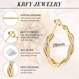 KRFY Hoop Earrings For Women, 925 Sterling Silver Post Hypoallergenic Earrings, 14K Gold Plated Hollow Tube Hoops Earrings, Gold Hooped Earrings Jewellery 28mm