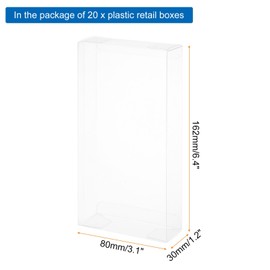 MECCANIXITY Plastic Retail Boxes 1.2"x3.2"x6.4" (30x80x162 mm) Gift Box with Protecting Film for Candy, Cookies, Christmas, Wedding, Party Wrapping Clear Pack of 20