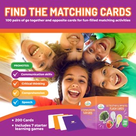 200 Go Together and Opposites Flash Cards Set, Photo Cards with 7 Educational Language Matching Games for Speech Therapy, ESL, ELL, Autism, Dementia, Seniors, and School Learning Kids Ages 3,4,5,6