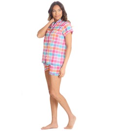 WS-SS24 Ladies Checked Pyjamas Short Sleeved Shirt & Shorts Set 2-Piece Buttoned PJ's Hot Pink Medium