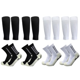 4 Pares Calcetines de fútbol y becerro Mangas combinación, calcetas antiderrapantes futbol ，Soccer socks para hombre y mujer y niño，calcetas recortadas futbol，Calcetas Deportivas,Mayor Agarre