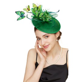 Gionforsy Butterfly Fascinator Hat Feather Derby Tea Party Hat Monarch Butterfly Headband Fascinators for Wedding (Green)