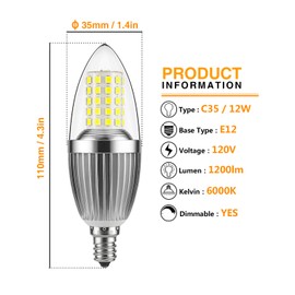 Gezee - foco LED para vela, no regulable, equivalente a 100 W, bombillas LED de 12 W, luz blanca diurna 6000 K, 120 V, 1200 lúmenes, base E12, bombillas de araña, forma de torpedo (paquete de 8)