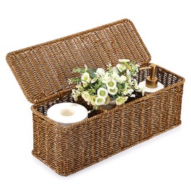 Sumnacon Wicker Storage Basket with Lid, Rectangular Narrow Baskets for Bathroom, Farmhouse Imitation Rattan Bin with Dividers, Decorative Handwoven Tray Organizer for Countertop Shelves Toilet Tank