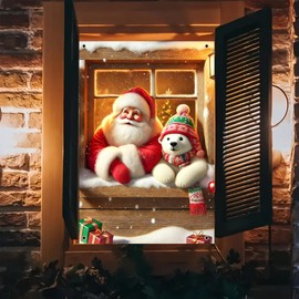 BlissYard Christmas Window Cover 31x47 Inch Santa and Polar Bear Window Banner Holiday Backdrop Snowy Window Scene Gift Boxes Tree Lights Indoor Outdoor Party Decoration Christmas