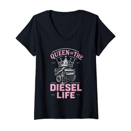Womens Queen Of The Diesel Life Lady Trailer Truck Driver V-Neck T-Shirt