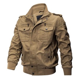 CRYSULLY Men's Spring Fall Windproof Coat Cargo Cotton Utility Full Zip Military Jacket Khaki