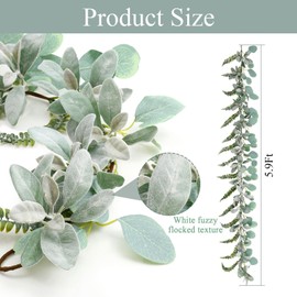 SHACOS - Paquete de 2 guirnaldas artificiales de corderos flocados de 12 pies, guirnalda de eucalipto con hojas de helecho, guirnalda de vegetación para decoración de habitación, guirnalda para manto, chimenea, centros de mesa de boda, decoración del hog