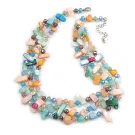 3 Row Layered Pastel Multicoloured Shell And Glass Bead Necklace - 60cm Long/ 7cm Extender
