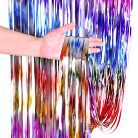 2pcs Tinsel Curtain Blue Glitter, 3ft X 6.4ft Aluminum Foil Flow Curtain Background Streamer, Girls Tinsel Curtains Pastel Foils Fringe,Birthday Party Wedding Backdrop Decoration(Multicoloured)