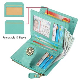 Lavemi Womens Leather Wallet Small Compact RFID Blocking Credit Card Case Purse with Zipper Pocket, Pebbled Tiffany Blue