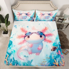 Axolotl Diving Fitted Sheet Single Size,Watercolor Cute Salamander 3D Print Bed Sheet with 1 Pillowcase,Undersea World Coral Seaweed Plants Soft Decorative Bedding(No Flat Sheet)