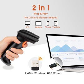 Tera 1D 2D QR Barcode Scanner Wireless and Wired with Battery Level Indicator Digital Printed Bar Code Reader Cordless Handheld Barcode Scanner Compact Plug and Play Model D5100