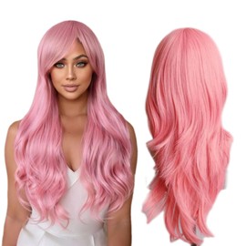 Tangyaoyusun 28Inch Pink Wig with Bang Long Wavy Curly Hair Cosplay Wig For Girls Women Theme Party (Pink)