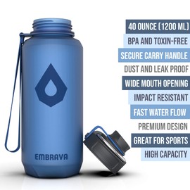 Embrava Botella de agua de 40 onzas, grande con anillo de transporte de viaje, boquilla ancha a prueba de fugas, plástico Tritan resistente, última intervensión de BPA y BPS, ideal para deportes, senderismo, gimnasio, hombres y mujeres