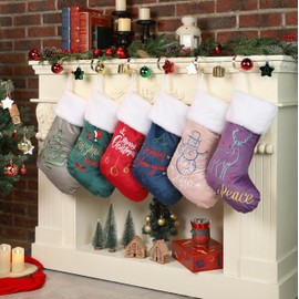 NEXAVENT Christmas Stockings 6 Pack 20" Large Embroidered Classic Luxury Velvet Red Green Purple Blue Grey Pink with White Faux Fur Hanging Ornament Decorations for Fireplace Xmas Season (Set of 6)