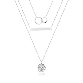 Turandoss Silver Necklace for Women - Dainty Interlocking Circles Necklace Bar Hammered Disc Necklace 14K White Gold Simple Necklace Women Jewelry Layered Necklace Silver Choker Necklaces for Women