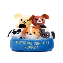 WHAT DO YOU MEME? Emotional Support Puppies by Relatable, Cuddly Stuffed Animals, Plushies, and Cute Stuff, Great Gift Ideas for Loved Ones of All Ages, Includes 5 Plushies with Carrying Basket