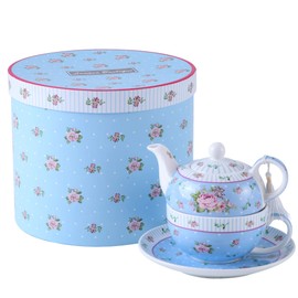 London Boutique Tea for One Teapot Cup saucer Set Vintage Flora Rose New Bone China Gift Box (Rose Blue)