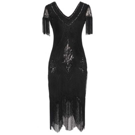 MISSCHEN 1920 Dresses Plus Size Great Gatsby Dress Themed Roaring 20s Dresses Flapper Dress with Sleeve YLS018 2XL Glam Black