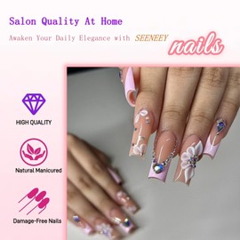 French Tip Press on Nails Long Square Fake Nails Press ons False Nails Acrylic Nails Press on Artificial Nails with Flowers Designs For Women 24pcs