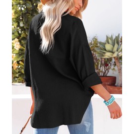 NONSAR Blouse Women's Casual Shirt with V-Neck 100% Cotton Loose Fit Solid Thick Top Elegant with Pocket, black