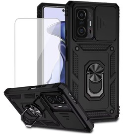 Yodueiv for Mi 11T 5G/Mi 11T Pro 5G 21081111RG Case with Tempered Glass Screen Protector and Slide Camera Cover, Magnetic Ring Car Mount Holder Kickstand Protective Cover for Xiaomi Mi 11T 5G Black