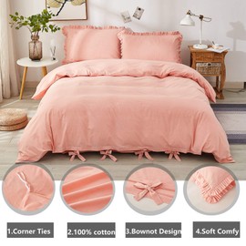 Softta Pink Bowknot Bedding Set 3 Pcs California King Girls Ruffle Chic Duvet Cover 100% Washed Cotton Solid Color for Grils Woman
