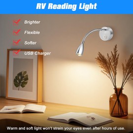 ERWEY 2er LED Leselampe 12V Wohnmobil, 3W 3000K Wandleuchte Bettlampe mit Flexible Schwanenhals und USB-Ladeanschluss DC12-24V Spot für Boot, Yacht, Auto, Van Wohnwagen Innenbeleuchtung, Silber