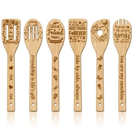 GLOBLELAND 6Pcs Friendship Bamboo Cooking Utensils Wooden Engraved Cooking Spoons Set Carving Kitchen Bamboo Spatula Set Wood Cooking Spoon for Kitchen House Warming Gift