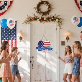 Hoblynth 4th of July God Bless America Patriotic Sign for Front Door Decor Love Heart American Stars Stripes Hanger for Porch USA Memorial Day Wreath Outdoor Indoor Wall Hanging Decoration