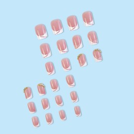 French Tip Press on Nails Short Square Fake Nails Cute Pink Glue on Nails with Rhinestones Designs Short French Acrylic Nails White Nail Tip Artificial Nails for Women Girls Nail Art Decorations