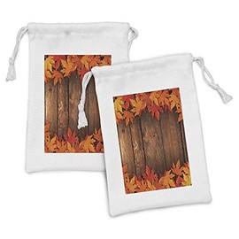 Ambesonne Fall Fabric Pouch Set of 2, Dry Leaves Poured Onto Wooden Board Cabin Cottage Rustic Country Life Theme Print, Small Drawstring Bag for Toiletries Masks and Favors, 9" x 6", Brown Orange
