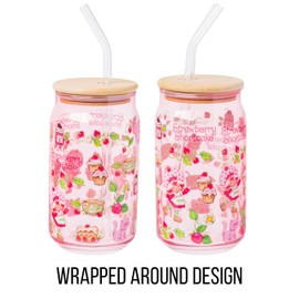Silver Buffalo Strawberry Shortcake Berry Print Glass Tumbler with Bamboo Lid and Glass Straw Featuring Strawberry Shortcake and Custard, 16 Ounces