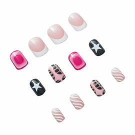 BABALAL Press on Nails Short Square Fake Nails Pink Black Glue on Nails French Tip Acrylic Nails Star Y2k False Nails with Design Nails Press-ons 24Pcs Cute Squoval Artificial Nails for Women Girls