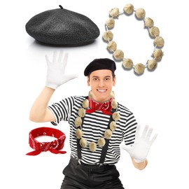 Mega_Jumble Men's French Day Themed Party, Frenchman Mime Artist Fancy Dress Costume Set, T-Shirt, Beret, Scarf, Garland (S)