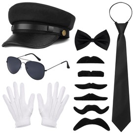 Vifcotlyp 6 Pcs Chauffeur Costume Men Woman, Novelty Limo Taxi Driver Costume Chauffeur Hat Sunglasses White Gloves Fake Beard Bow Tie Necktie 1980s Gangster Costume Accessories for Cosplay Party