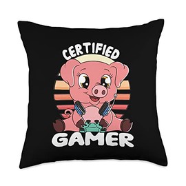 Pig with Gamer Headset Gaming Pig Certified Gamer Throw Pillow