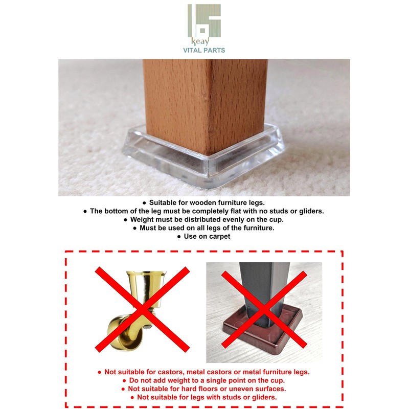 40x40mm Clear Furniture Cups, Pack of 4 Carpet Protectors for