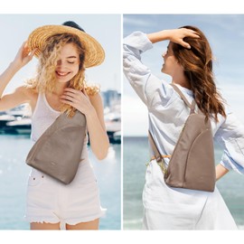 Kattee Sling Bag for Women Crossbody Fanny Packs Chest Bag Top Grain Leather Daypack Backpack RFID Blocking Travel Khaki