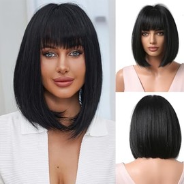 DOSYU Pelucas para Mujer Cabello Natural, Pelucas Bob Cortas para Mujer, Equipado con Gorro de Malla Elástica, Más Cómodo de Llevar, Adecuado para Fiestas Temáticas, Cosplay, Halloween y Cualquier Otra Ocasión.（Negro）