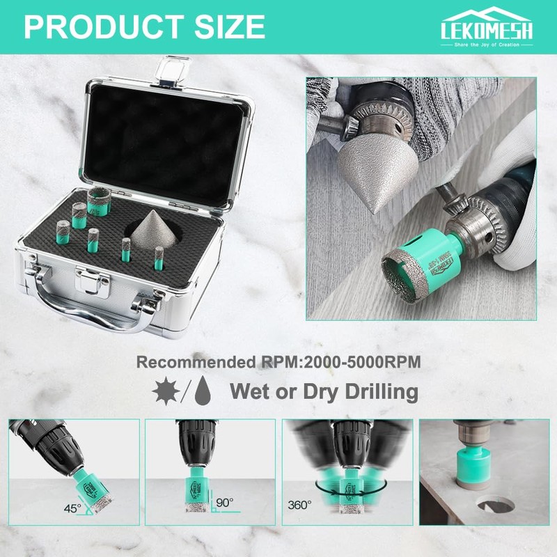 LEKOMESH Diamond Core Drill Bits Set 7pcs Tile Hole Saw
