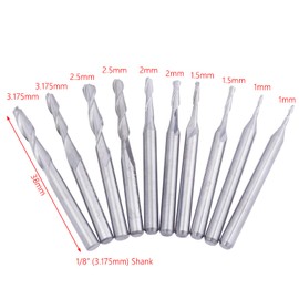 Gasea 10Pcs 1/8" Shank Carbide Ball Nose End Mill CNC Router Bits, 2 Flute End Milling Cutter Engraving Cutter for Acrylic PVC MDF Wood 1/1.5/2/2.5/3.175mm