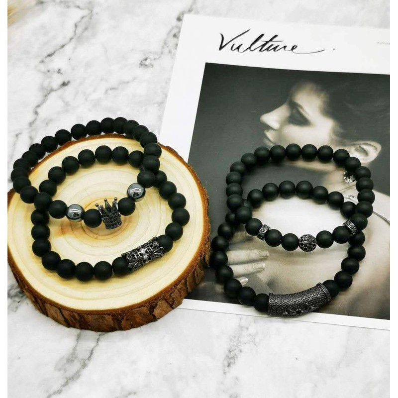 JEWPARK 4 Pcs Crown King Bracelets for Men Black Matte