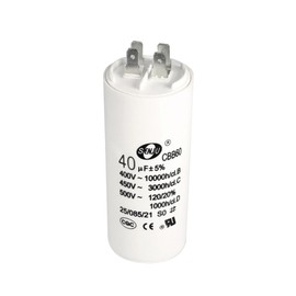 1×CBB60 Run Capacitor - 450V 40uF Double Insert 50/60Hz Cylindrical White, Suitable for Air Compressors, Water Pumps, Motors.