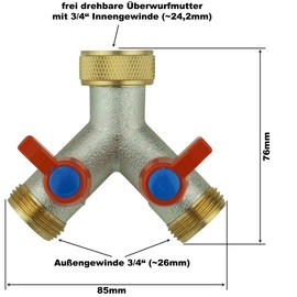 Y-splitter, 2-way with Shut-Off Valves, Two Inlet Hose Connector, 2 Appliances, Refrigerator and Washing Machine, Tap Valves 3/4 inch