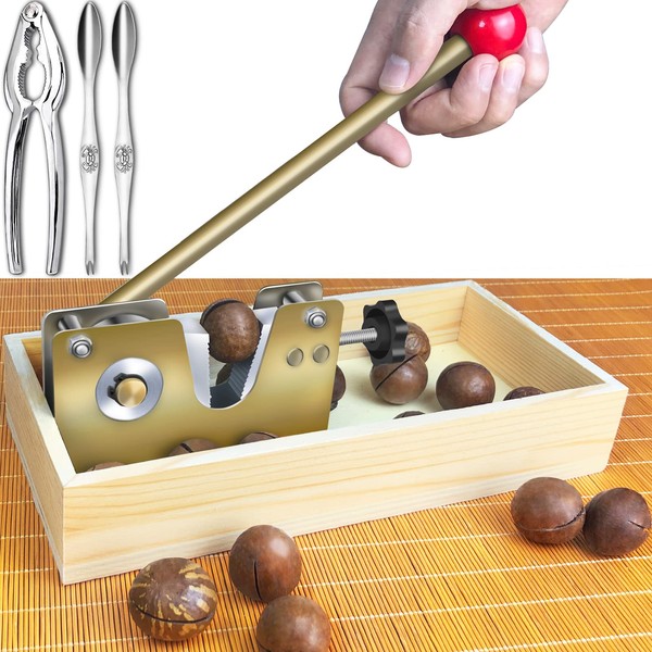 Artcome Heavy Duty Macadamia Nut Cracker Tool with 1 Crab Cracker, 2 Wide Crab Forks, Wood Handle Base with Rectangular Wooden Box Base for Walnuts, Almonds, Pecans, Hazelnuts, Macadamia Nut, etc