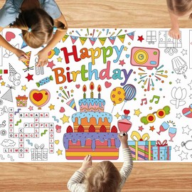 Quimoy Giant Coloring Poster, 72 x 30 Inches Happy Birthday Tablecloth, Birthday Table Decorations in Activities Games for Kids School Classroom Home Party Supplies