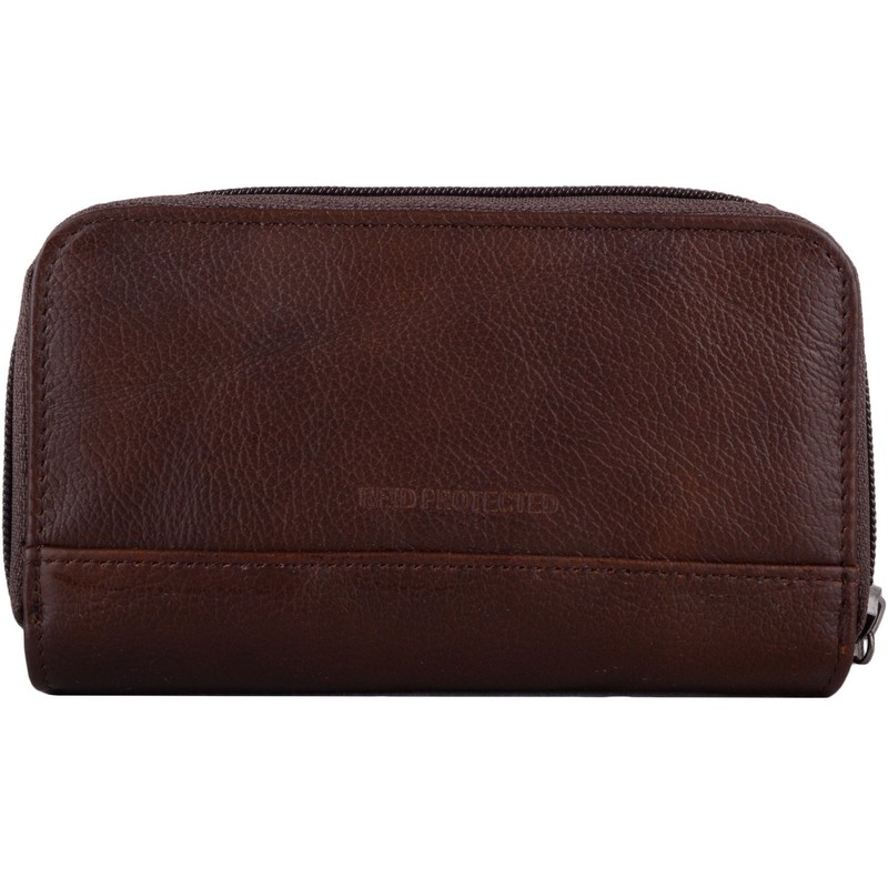 Womens Leather Tri-Fold RFID Protected Money/Coin Holder/Purse - Dark Brown