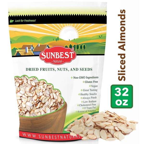 SUNBEST Sliced Almonds, Sliced Unsalted Raw Almonds 2 Lbs in Resealable Bag, Kosher Certified